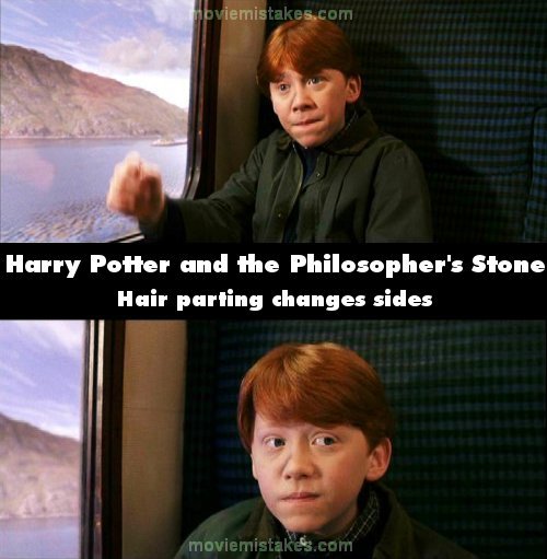 When Harry and Ron are sat on the train, Ron's hair begins with a centre 